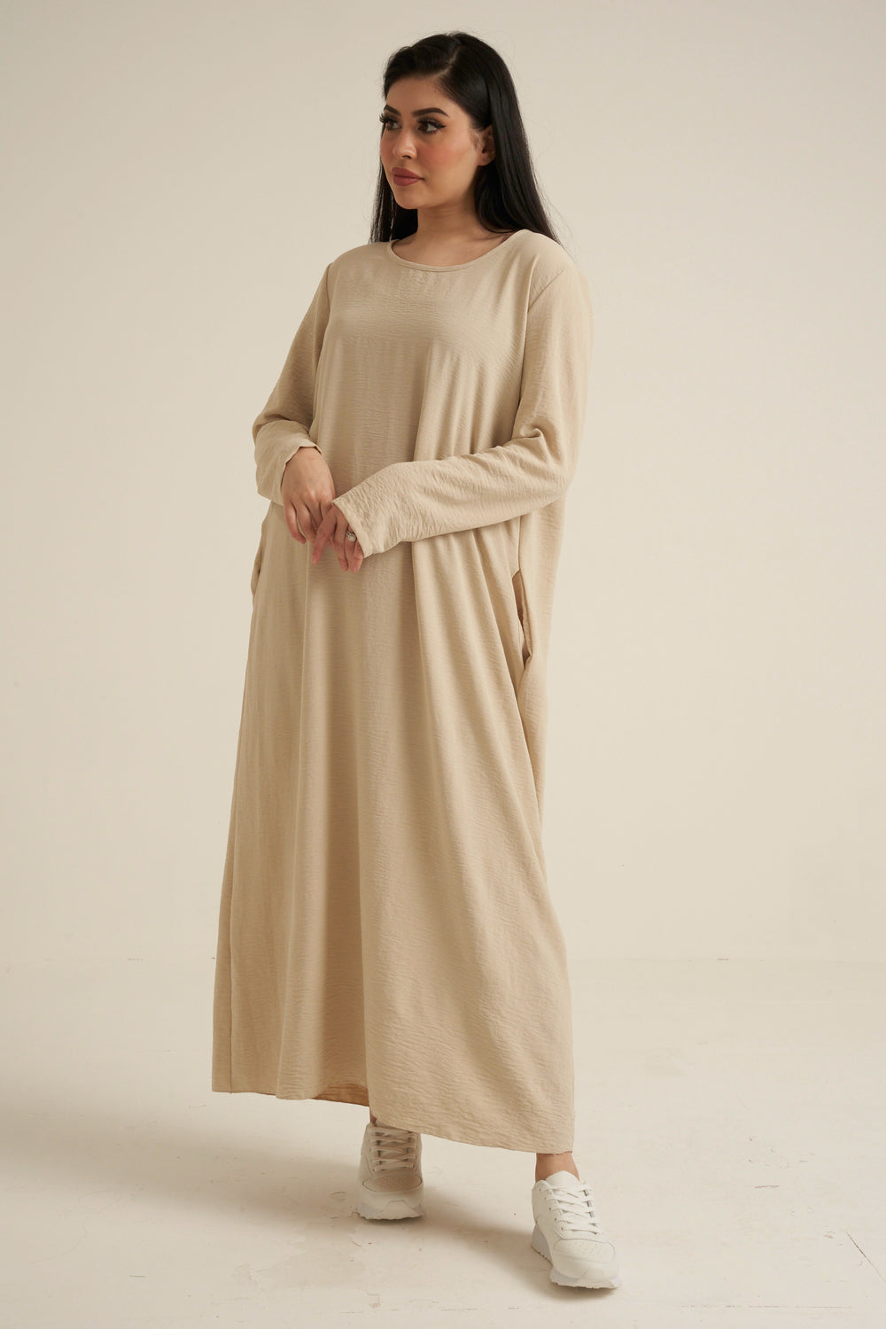 Cream Abaya Dress With Pockets