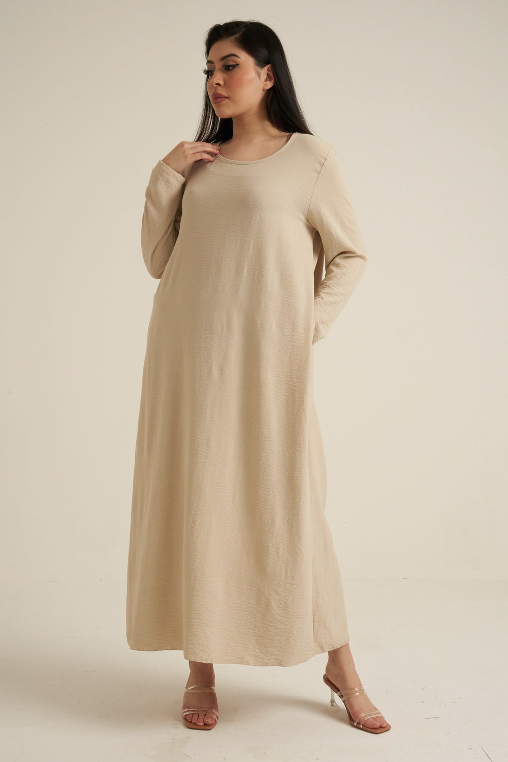 Cream Abaya Dress With Pockets