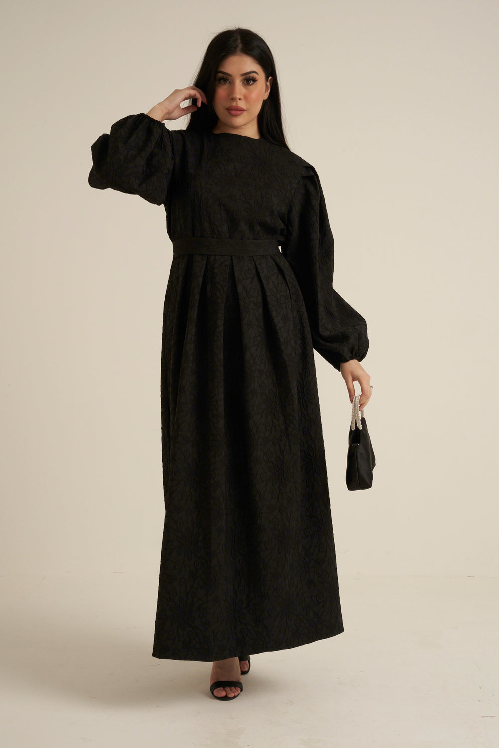 Brescia Black Embroidered Maxi Abaya dress with belt