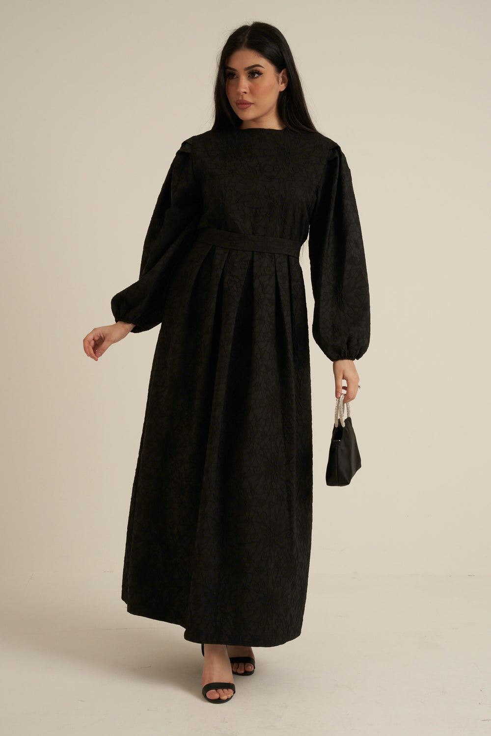 Brescia Black Embroidered Maxi Abaya dress with belt