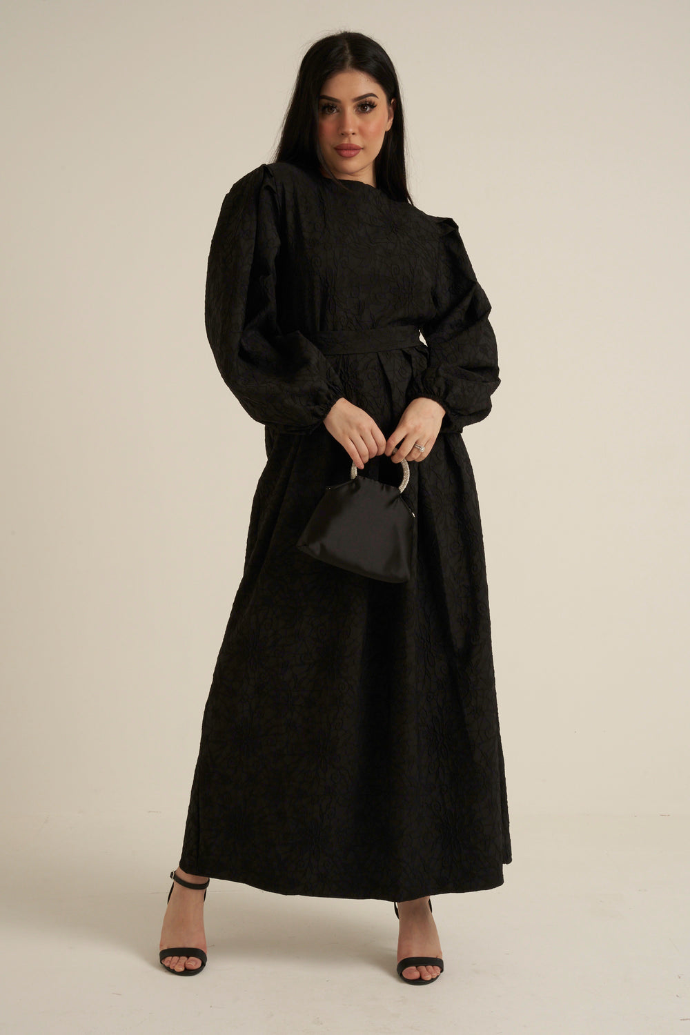 Brescia Black Embroidered Maxi Abaya dress with belt
