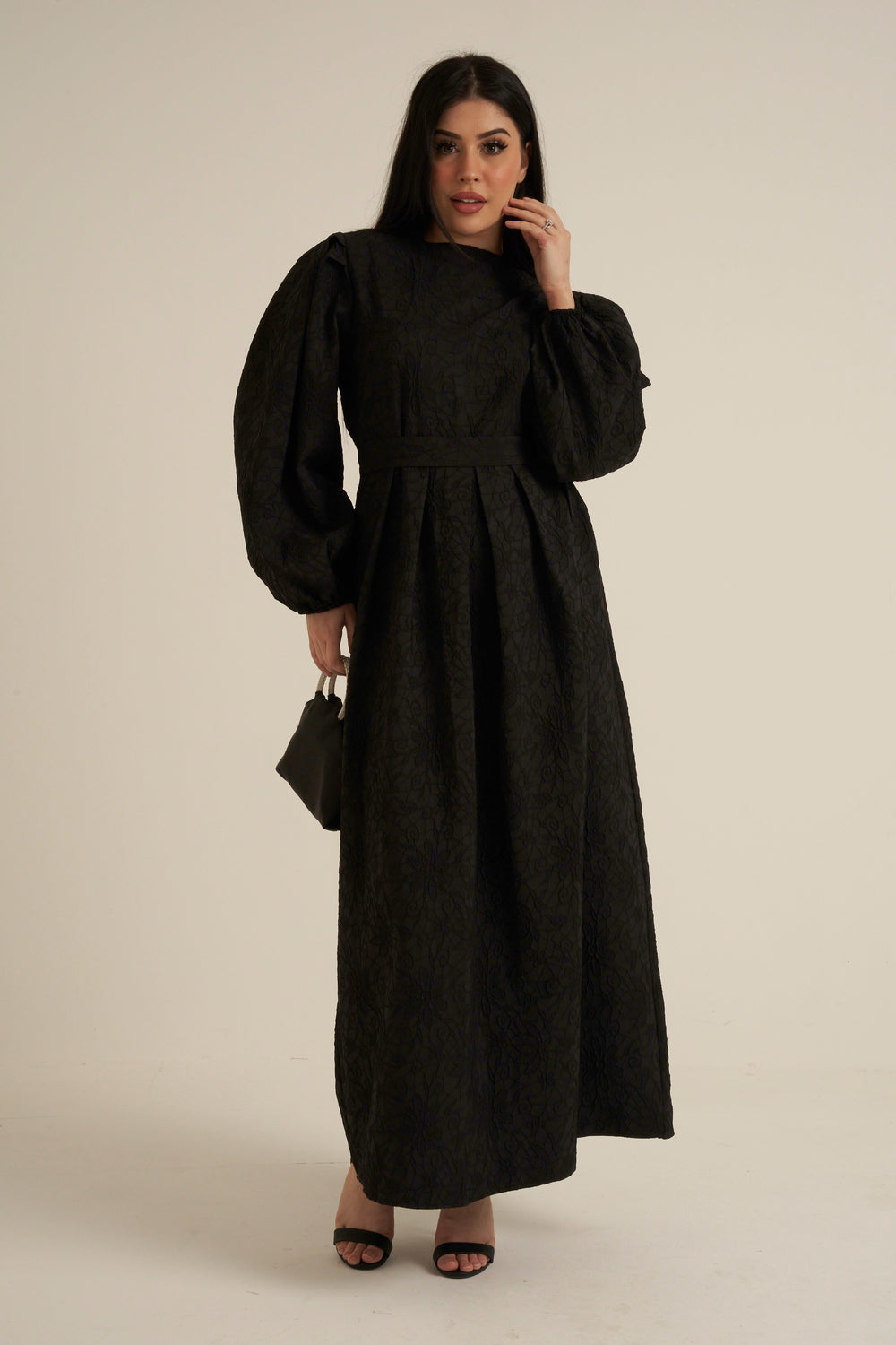 Brescia Black Embroidered Maxi Abaya dress with belt
