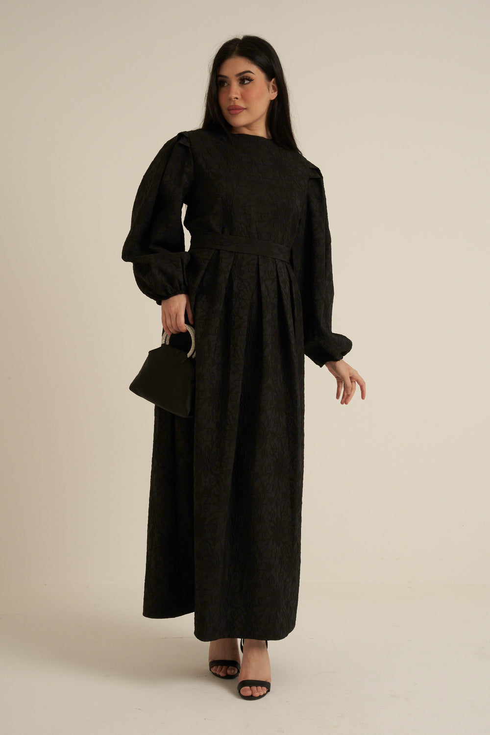 Brescia Black Embroidered Maxi Abaya dress with belt