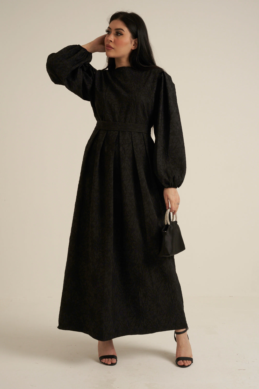 Brescia Black Embroidered Maxi Abaya dress with belt