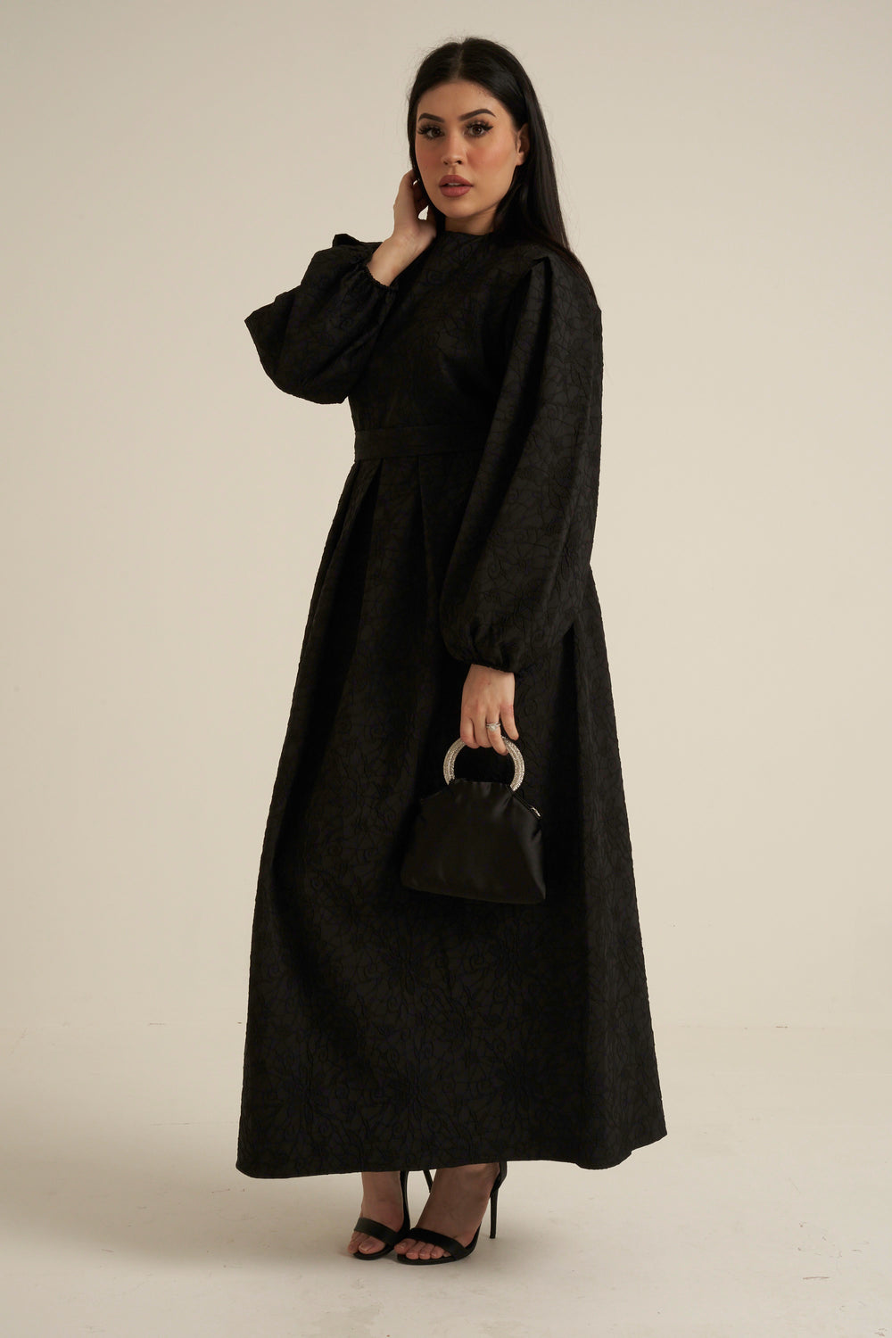 Brescia Black Embroidered Maxi Abaya dress with belt
