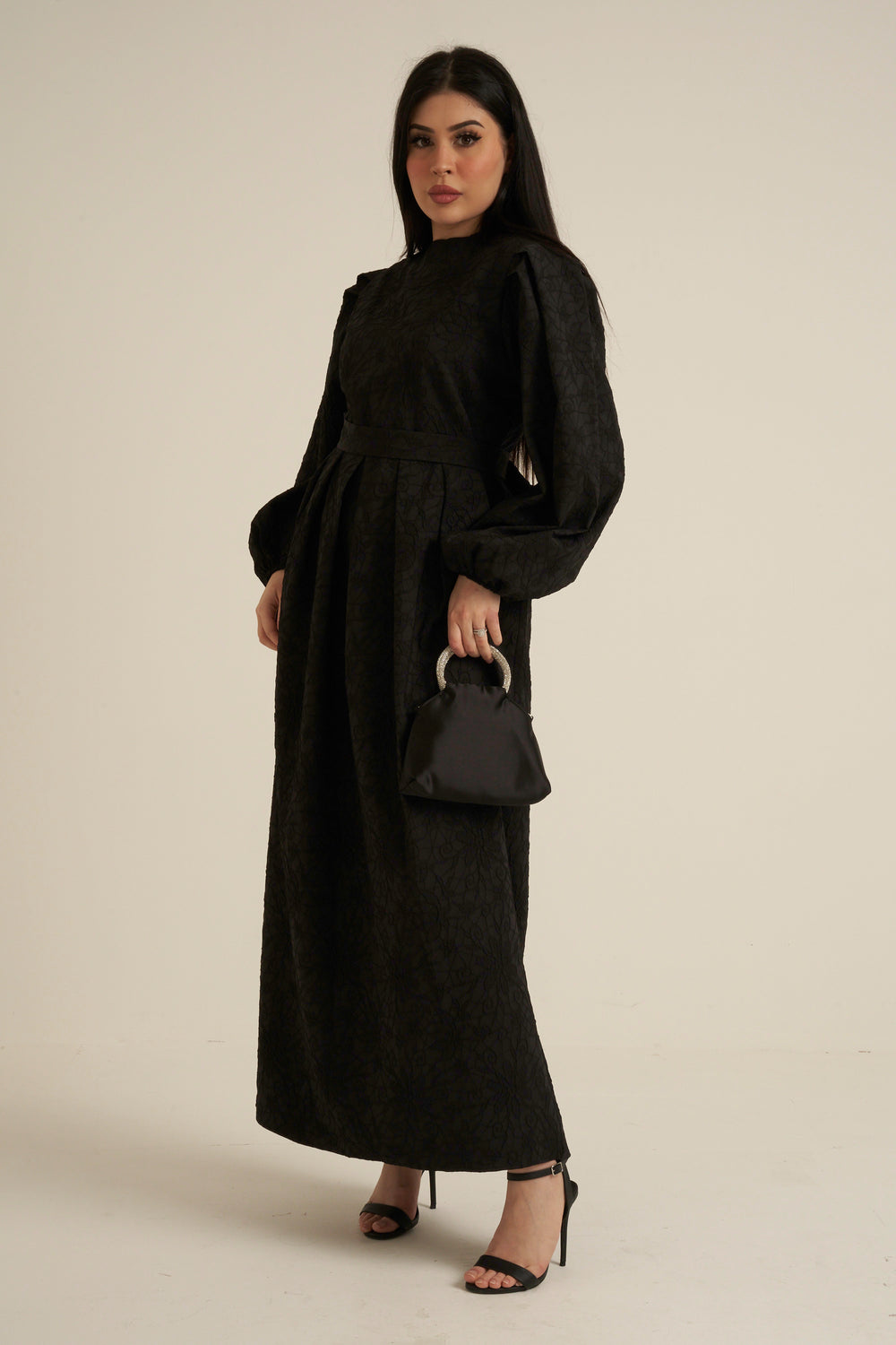 Brescia Black Embroidered Maxi Abaya dress with belt