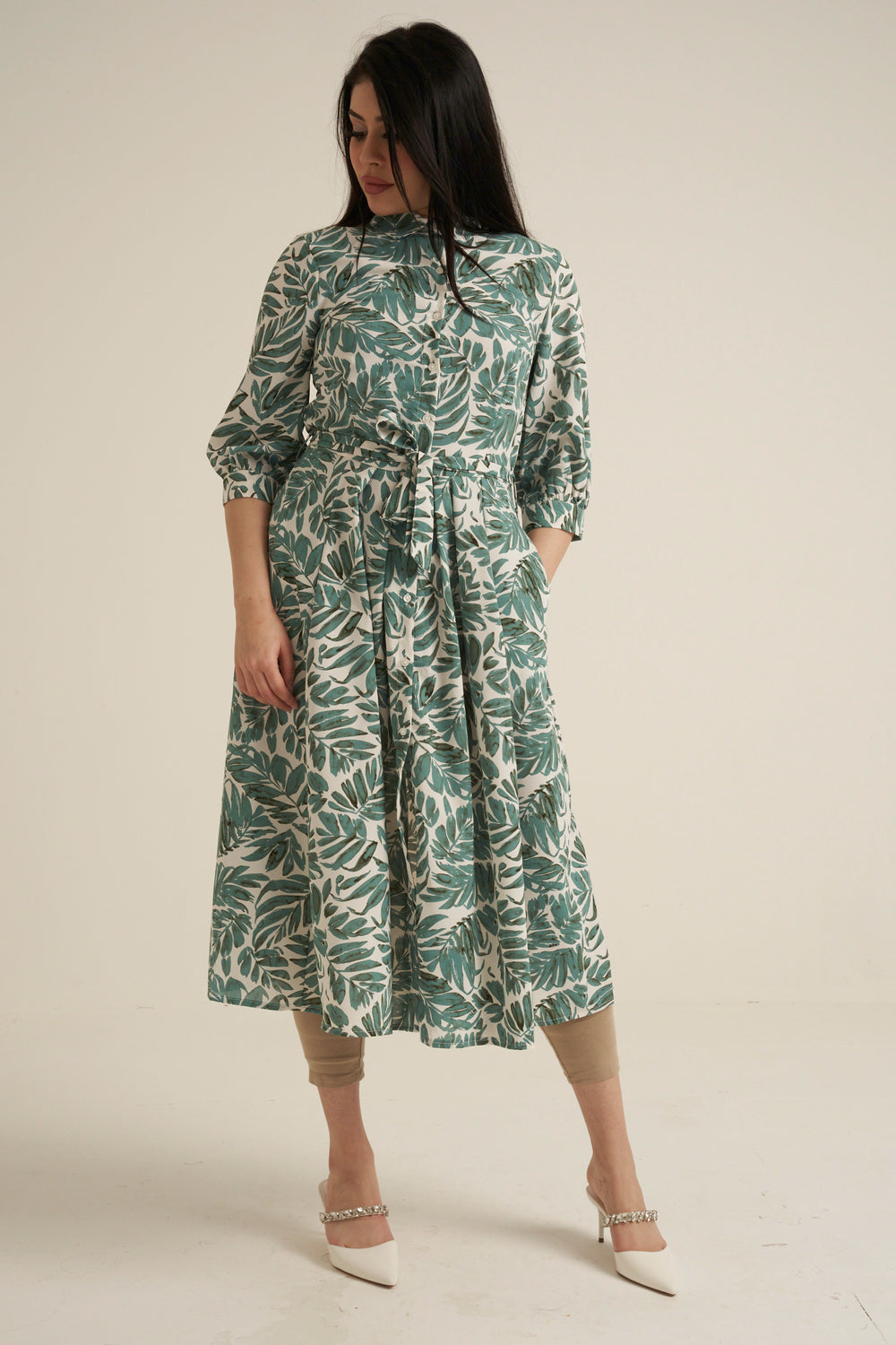 Green Print Midaxi Dress with Pockets