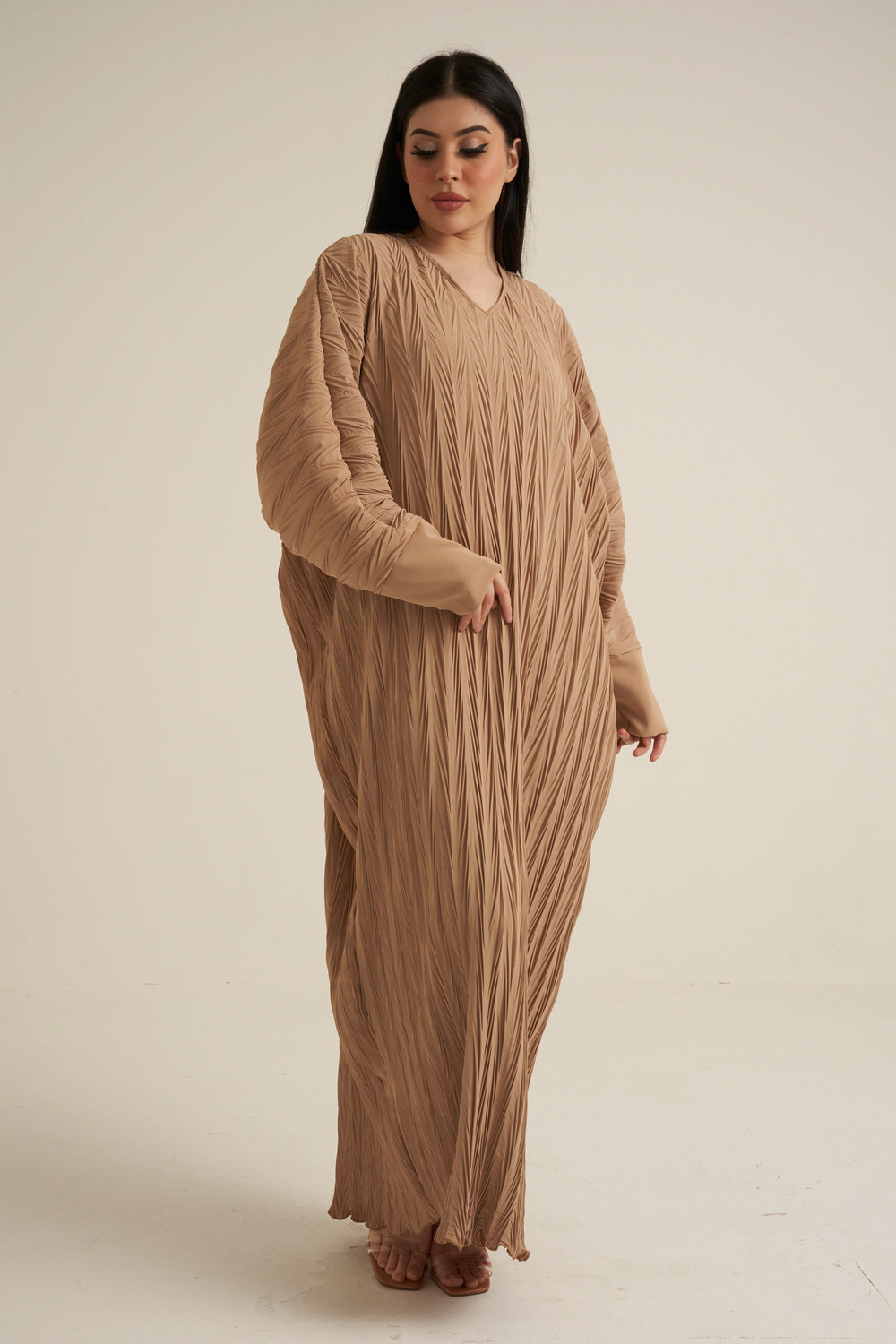 Beige Textured Abaya Dress
