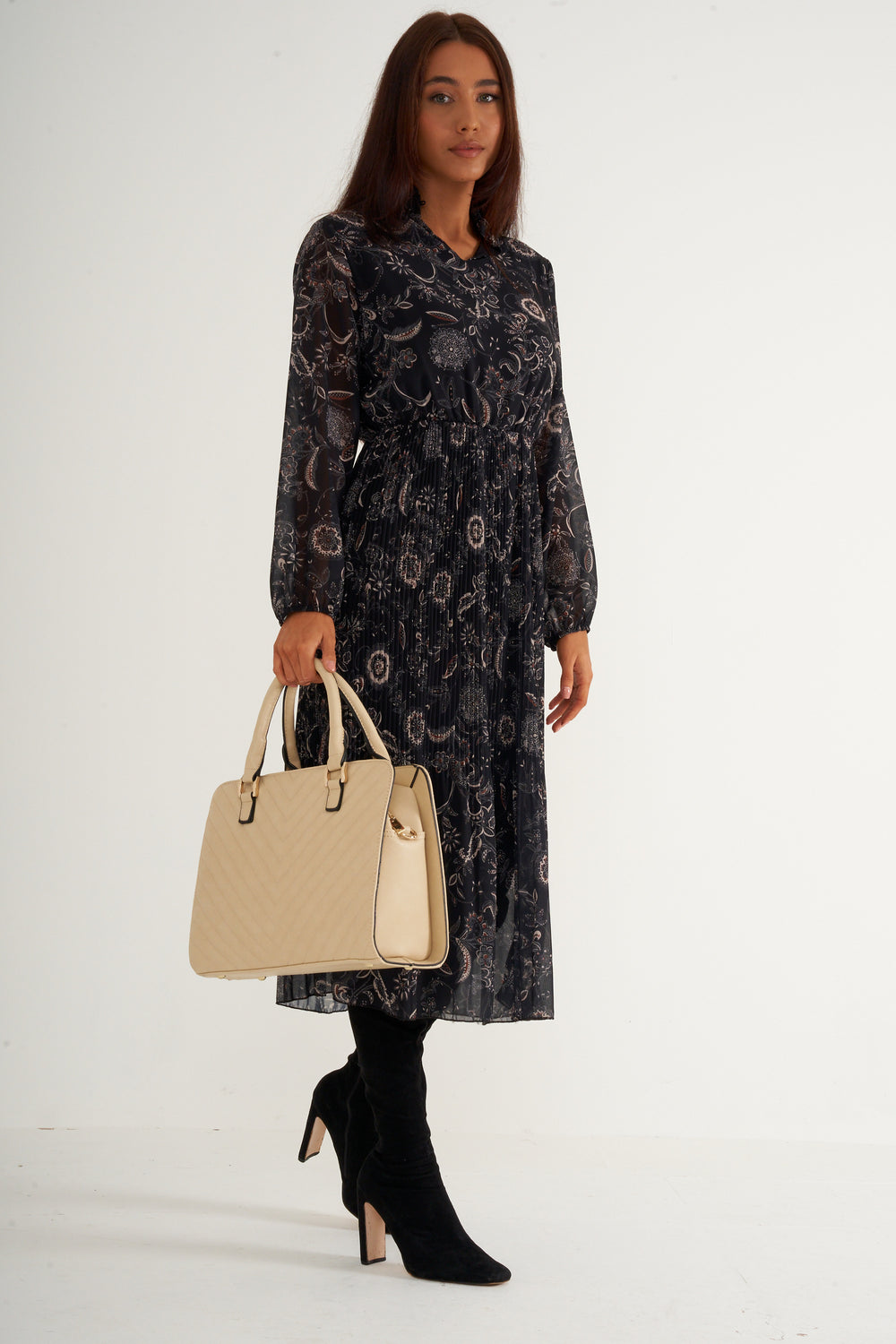 black print high ruffled collar pleated long dress