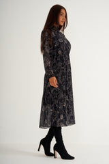black print high ruffled collar pleated long dress