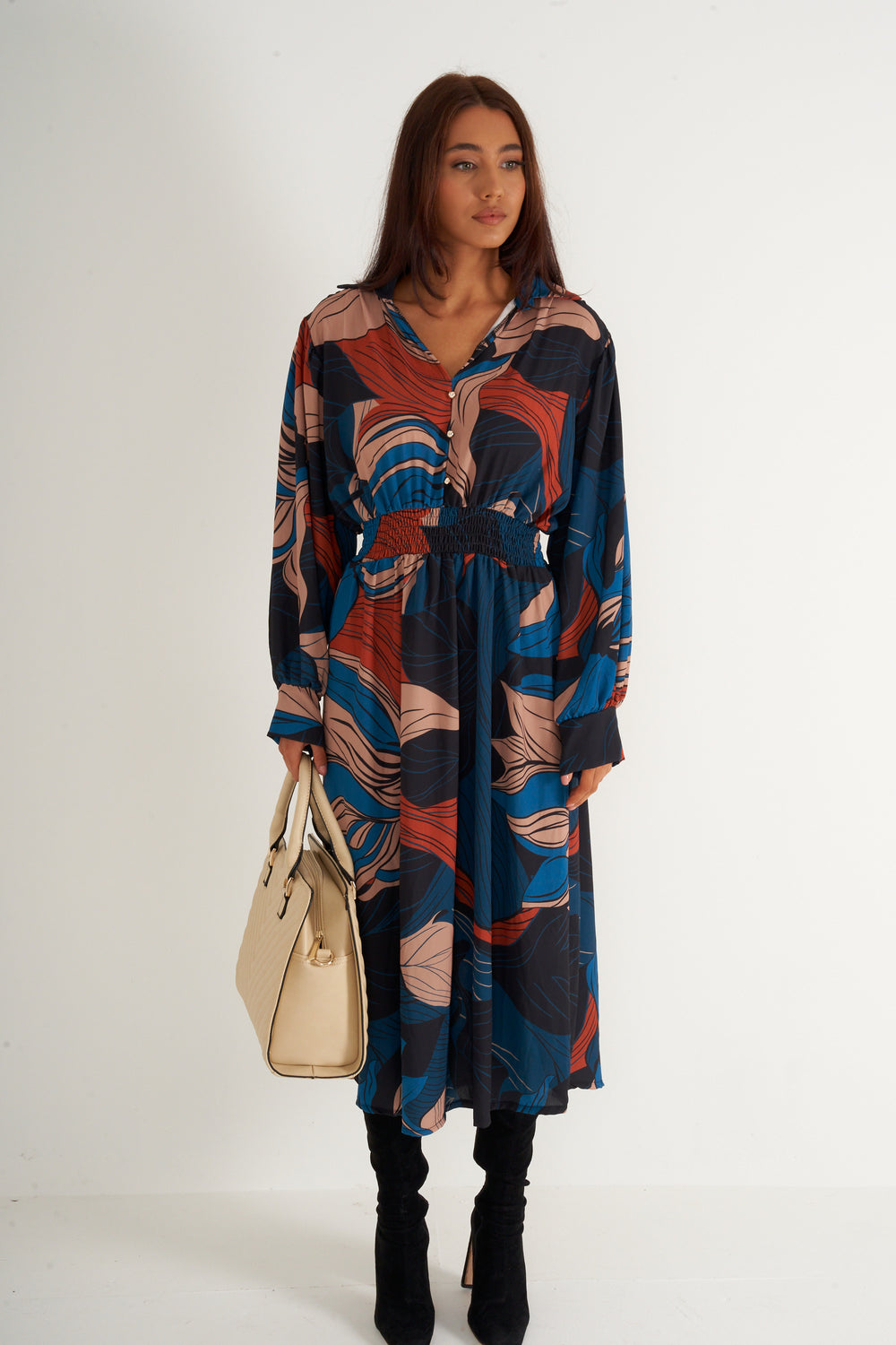 Blue black printed long dress with gathered waist