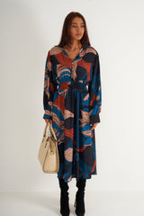 Blue black printed long dress with gathered waist