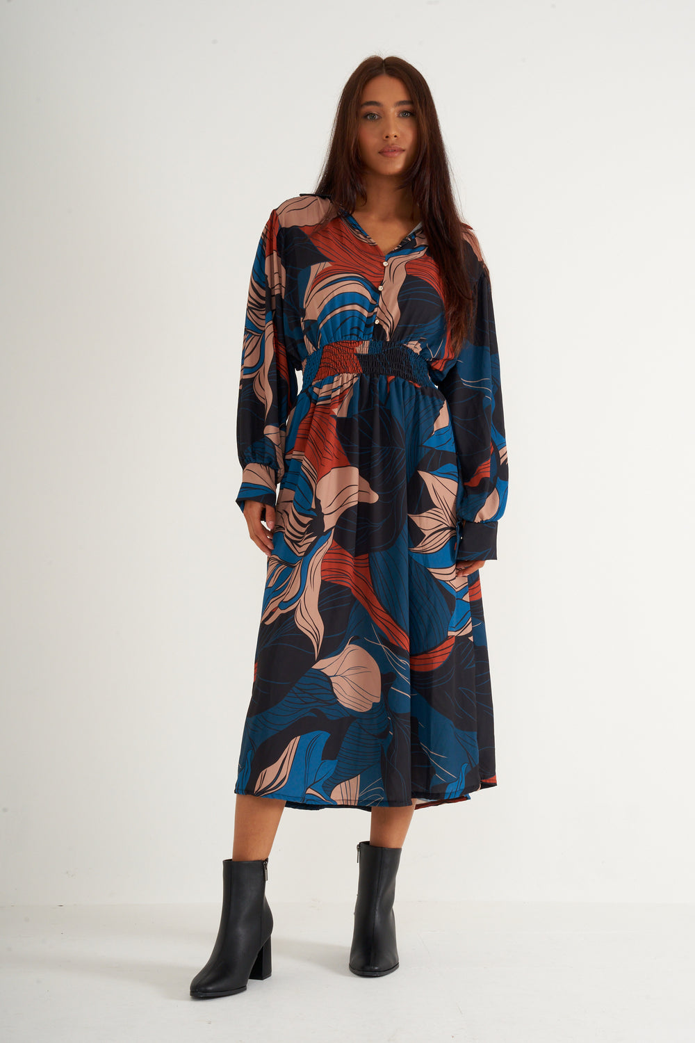 Blue black printed long dress with gathered waist