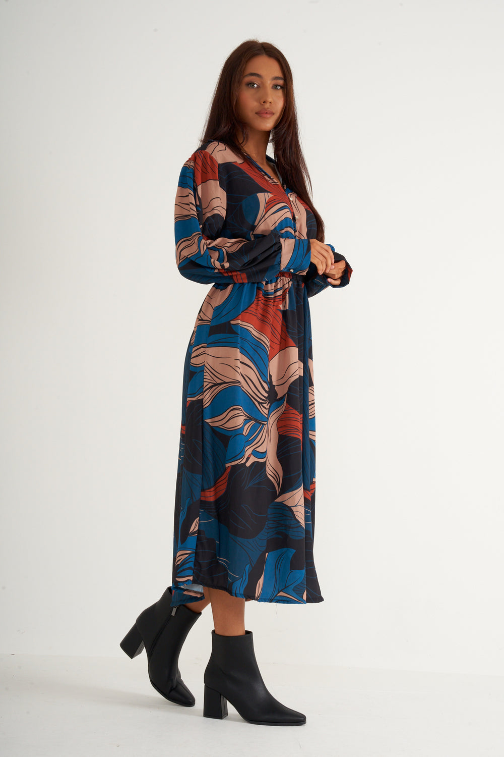 Blue black printed long dress with gathered waist
