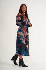 Blue black printed long dress with gathered waist