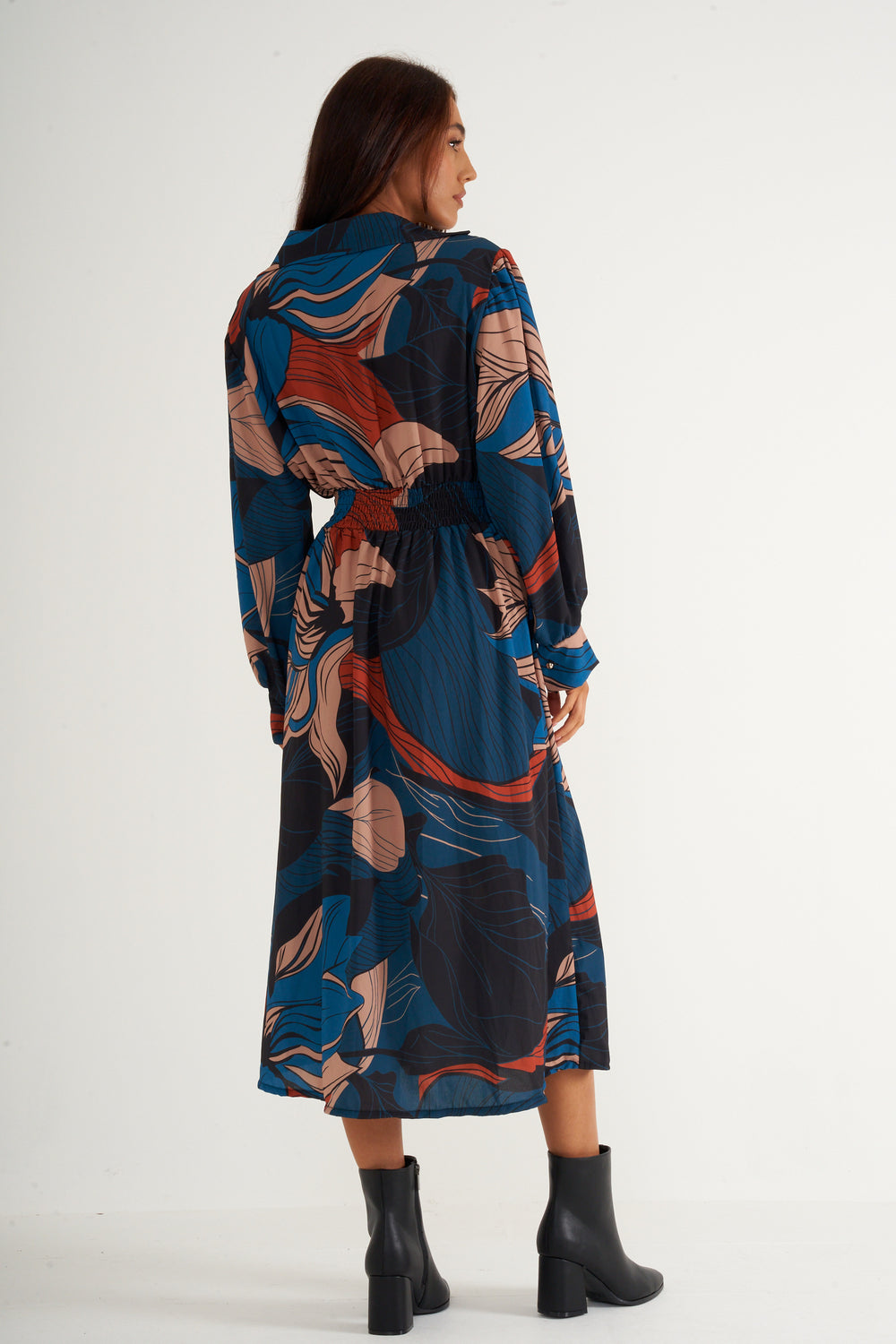 Blue black printed long dress with gathered waist