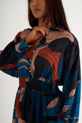 Blue black printed long dress with gathered waist