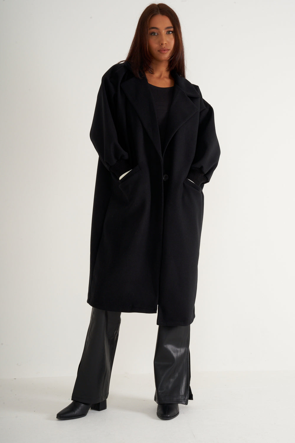 Black Oversized Long Coat with ribbed cuffs