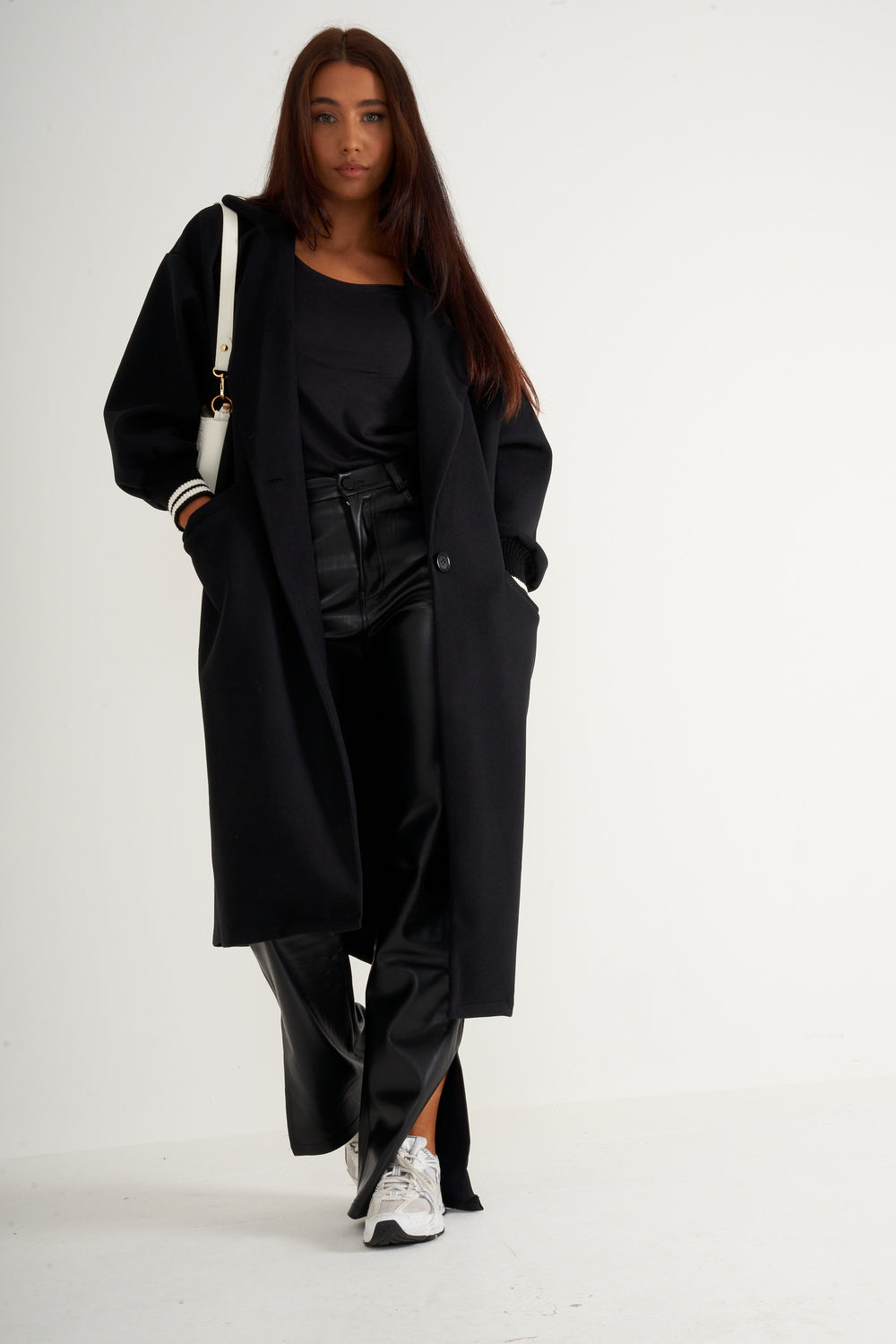 Black Oversized Long Coat with ribbed cuffs