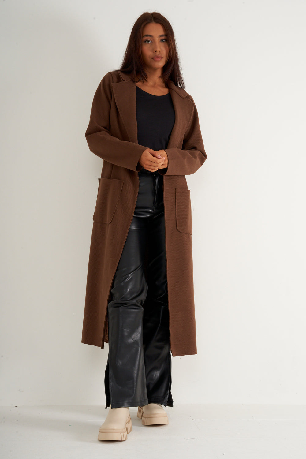 Chocolate Longline belted coat