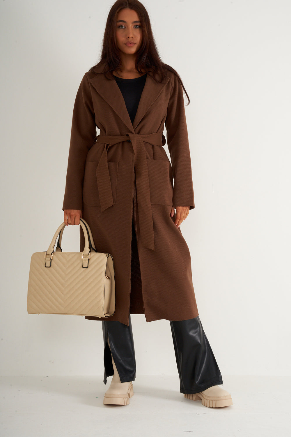 Chocolate Longline belted coat