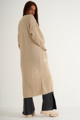 Cream long thick knitted cardigan with pockets