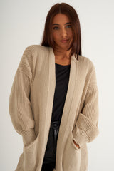 Cream long thick knitted cardigan with pockets