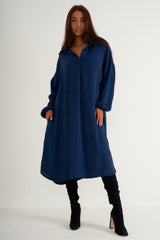 Oversized Navy blue long shirt dress with pockets