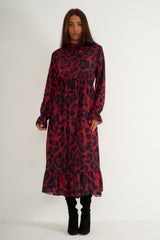Red and black print long dress