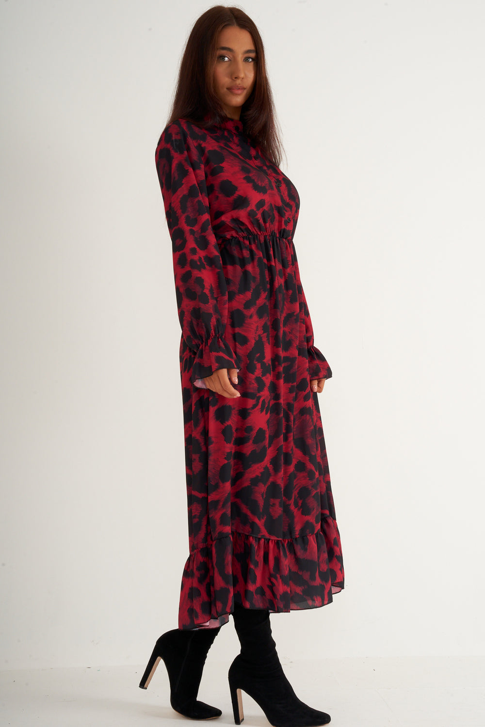 Red and black print long dress