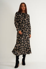 Black floral pleated maxi dress