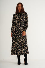 Black floral pleated maxi dress