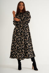 Black floral pleated maxi dress