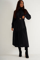 Black Ruffled High Neck Long Dress With Belt