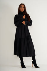 Black Ruffled High Neck Long Dress With Belt