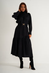 Black Ruffled High Neck Long Dress With Belt