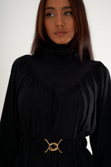 Black Ruffled High Neck Long Dress With Belt