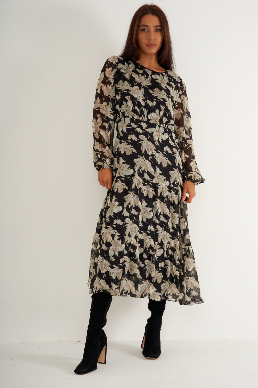 Black Chiffon Floral long dress