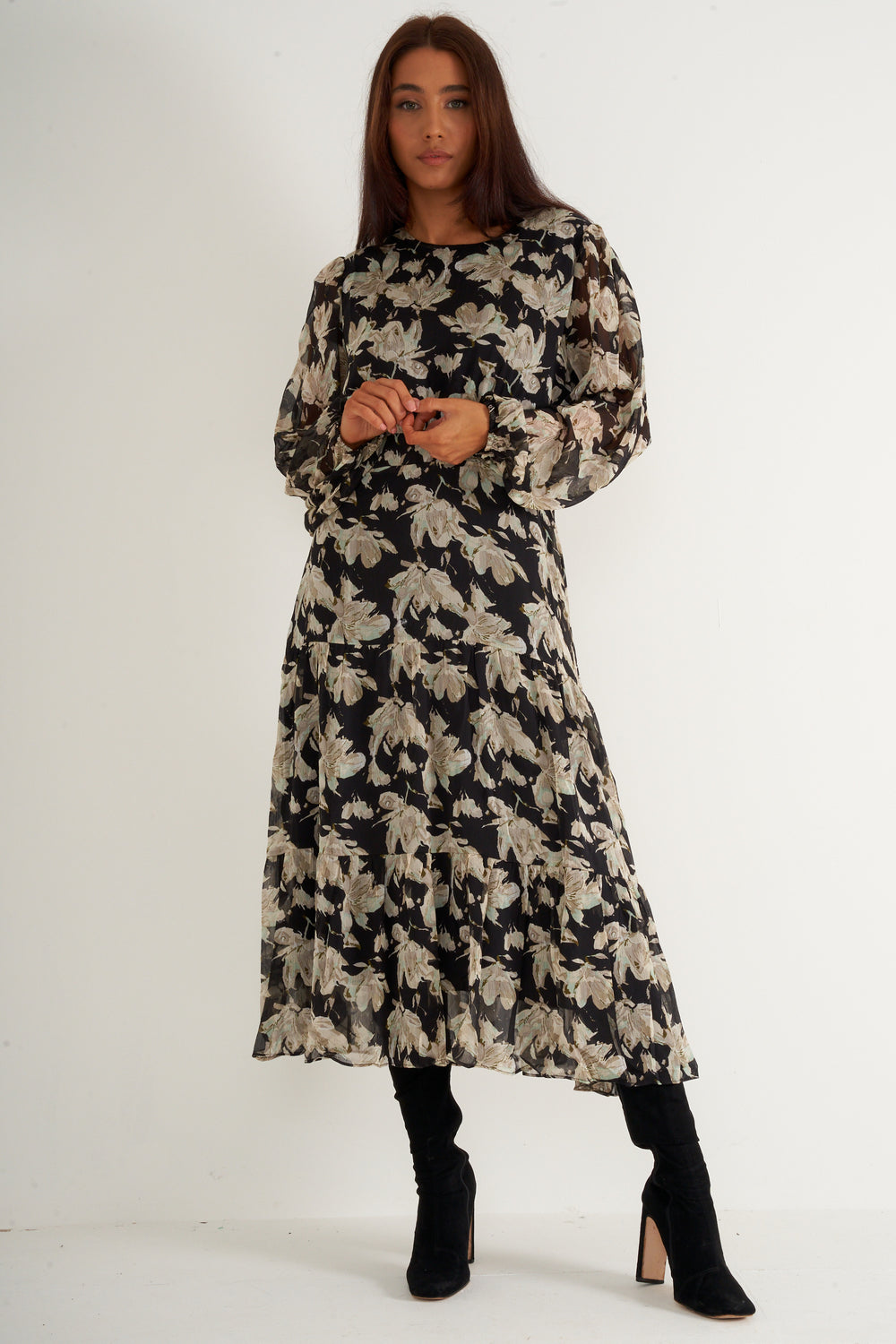 Black Chiffon Floral long dress