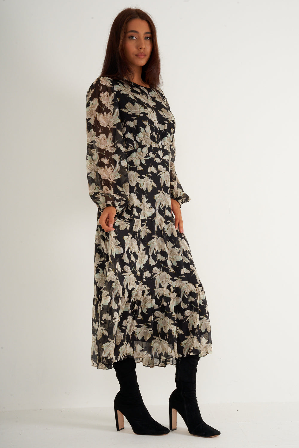 Black Chiffon Floral long dress