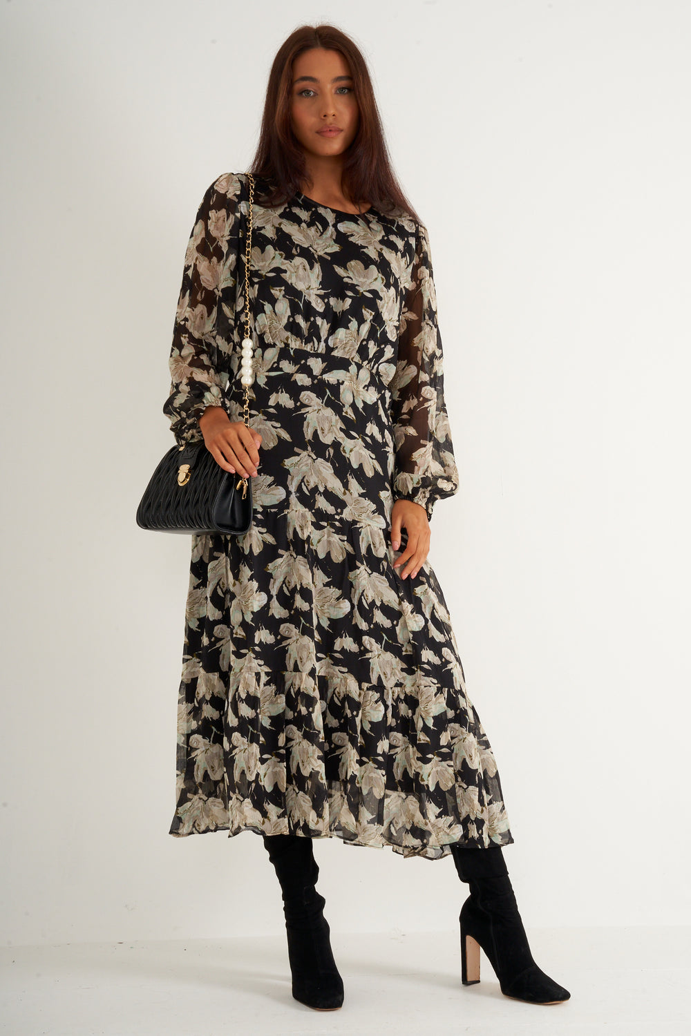 Black Chiffon Floral long dress