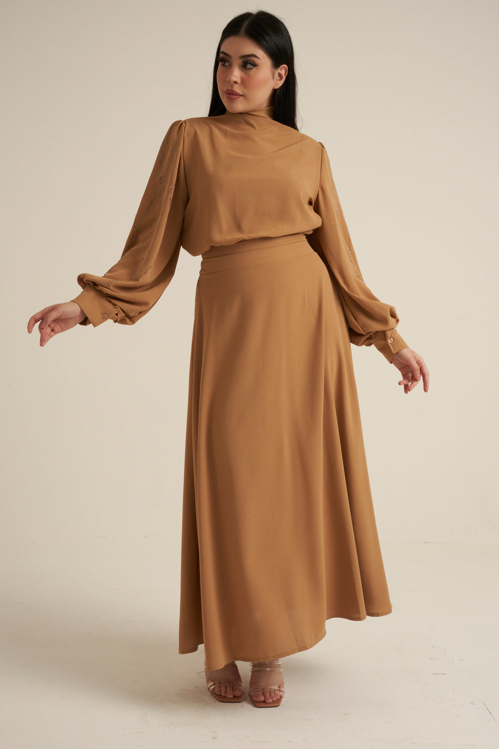 Camel 2 Piece Studded Maxi Skirt and Blouse Set