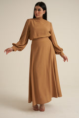 Camel 2 Piece Studded Maxi Skirt and Blouse Set