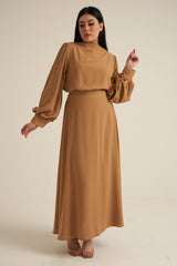Camel 2 Piece Studded Maxi Skirt and Blouse Set