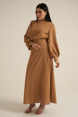 Camel 2 Piece Studded Maxi Skirt and Blouse Set