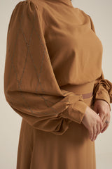 Camel 2 Piece Studded Maxi Skirt and Blouse Set