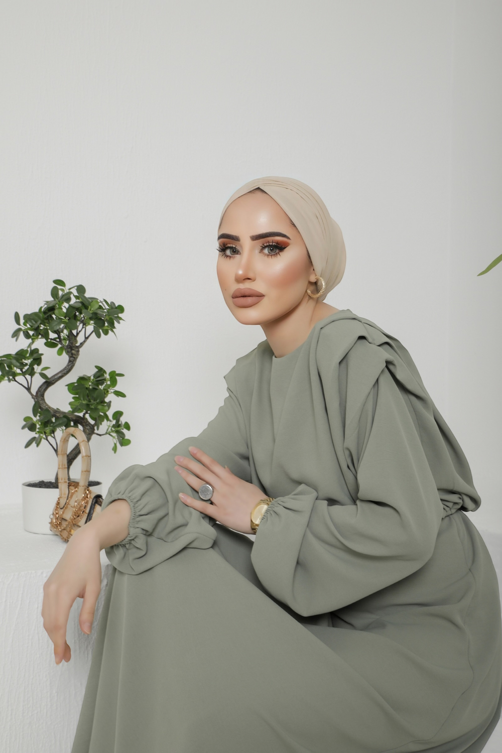 Aversa Khaki Green Long Sleeve Maxi dress