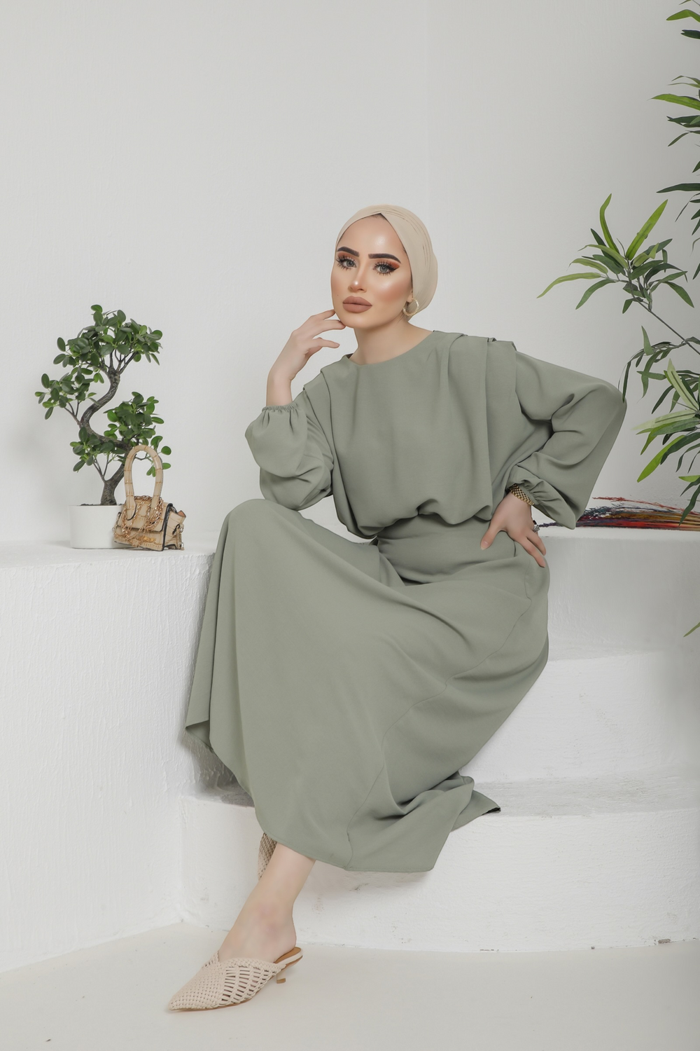 Aversa Khaki Green Long Sleeve Maxi dress