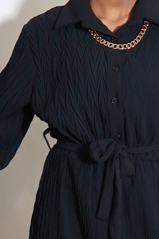 Black Belted Textured Maxi Dress with long sleeves and collars