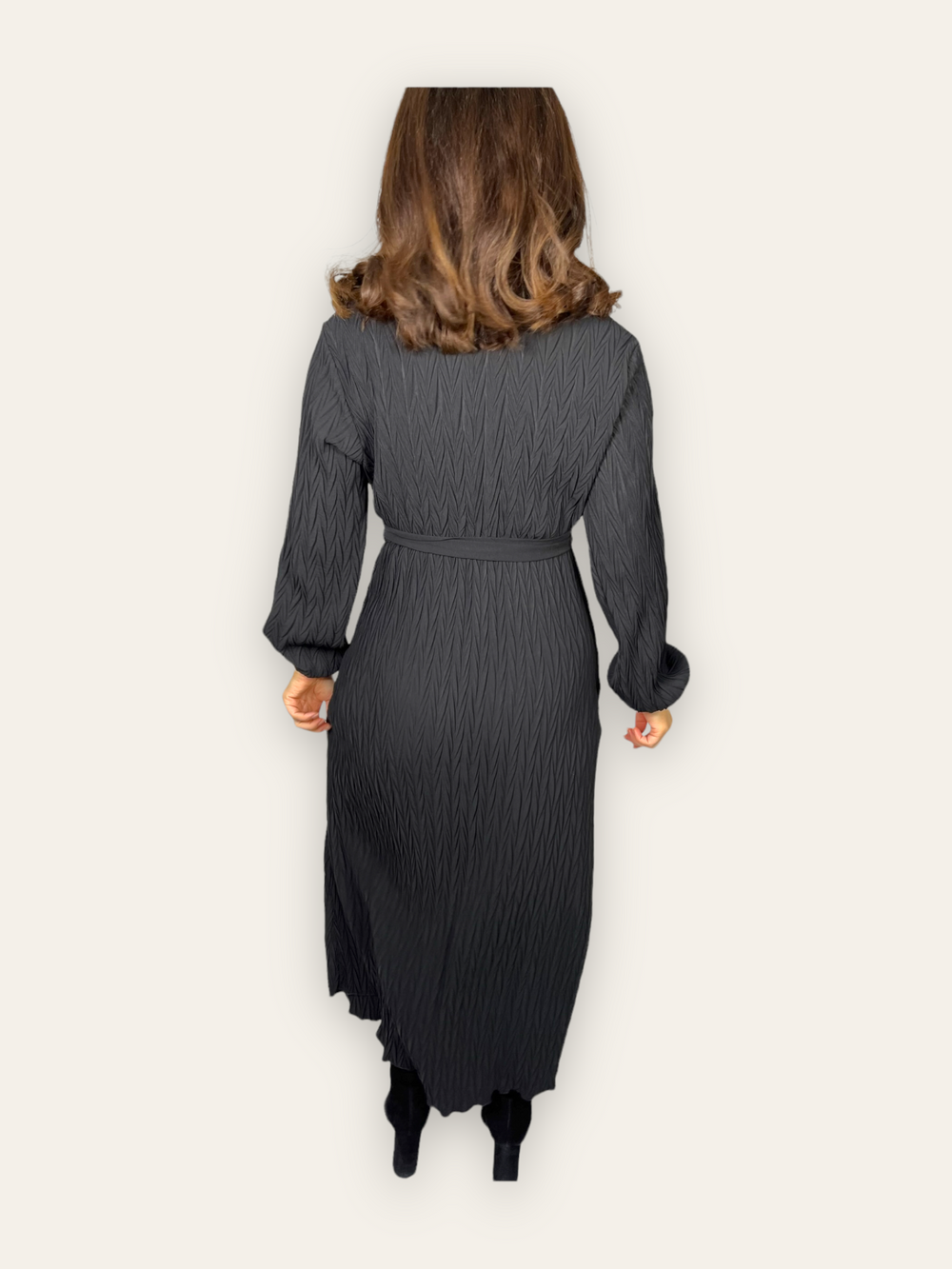 Black Belted Textured Maxi Dress with long sleeves and collars